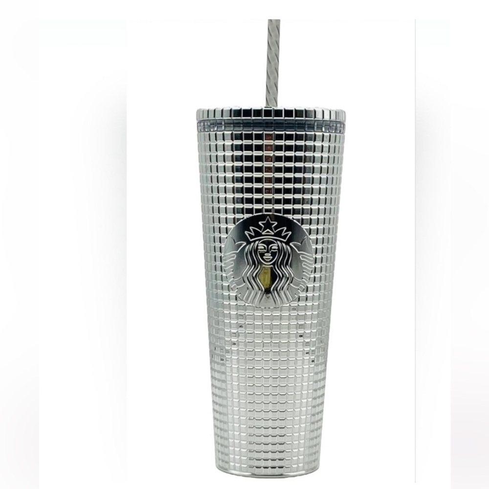 Starbucks 2023 Holiday Silver Chrome Grid Tumbler 24oz Venti Size New